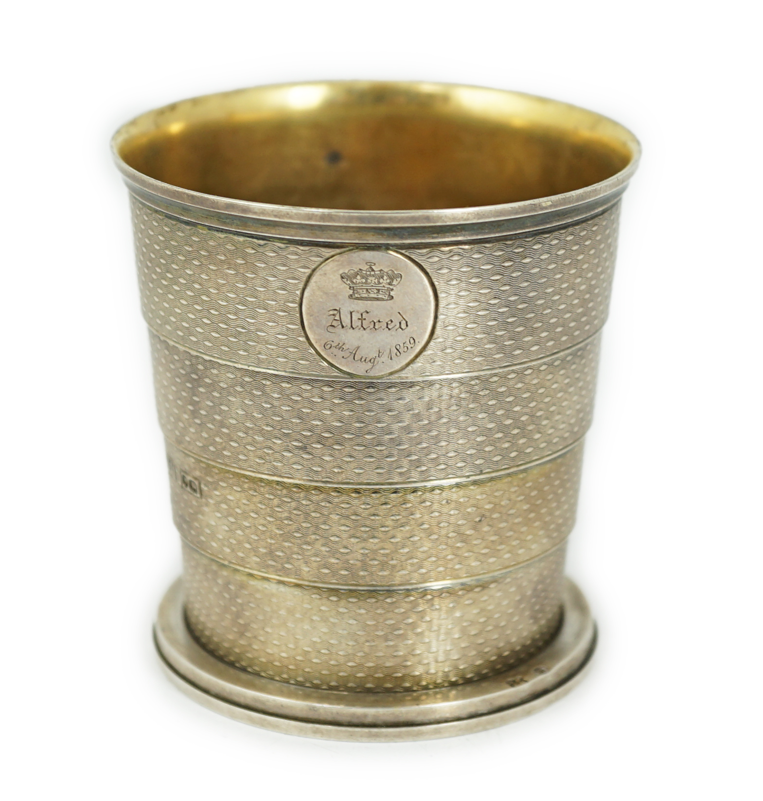 ROYAL INTEREST: A cased Victorian textured silver collapsible travelling cup, by Brownett & Rose, with later engraved inscription, 'Presented By Her Royal & Imperial Highness The Duchess of Saxe Coburg & Gotha Duchess of